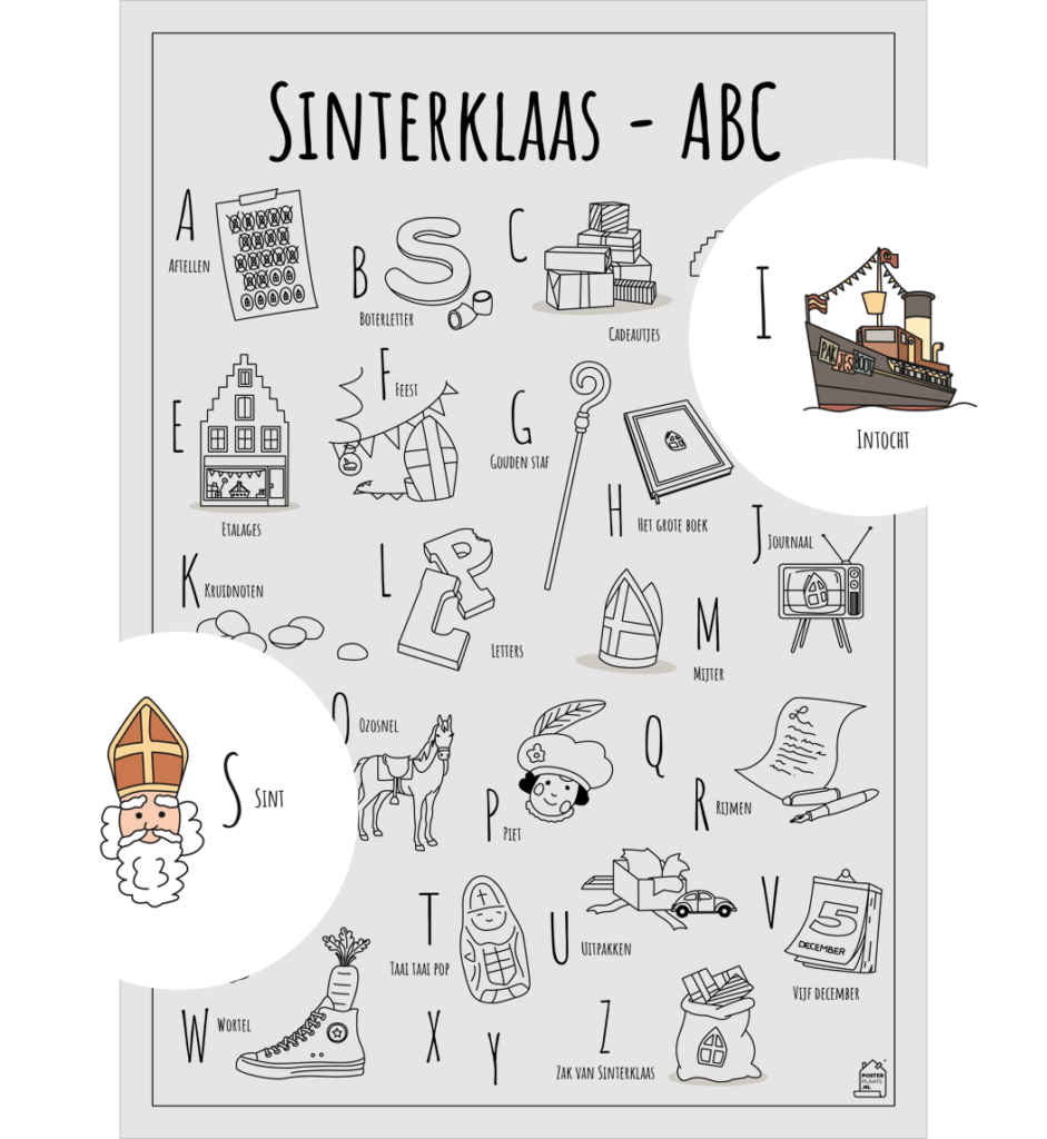 ABC kleurplaat Sinterklaas met twee uitgelichte herkenbare objecten van Sinterklaas Intocht en Sint