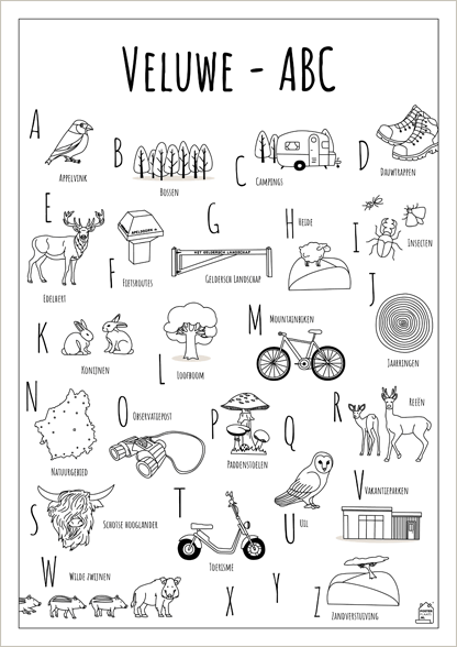 ABC kleurplaat Veluwe - Een unieke poster met herkenbare en handgetekende illustraties van de Veluwe