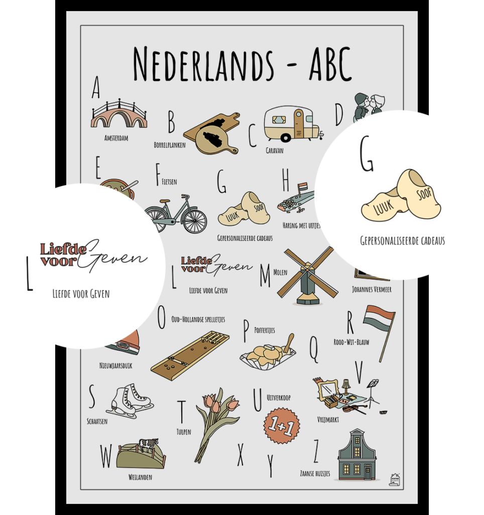 PosterPlaats Nederlands ABC poster maatwerk special edition voor Liefde voor Geven Lunteren met twee uitgelichte herkenbare objecten het logo en gepersonaliseerde cadeaus