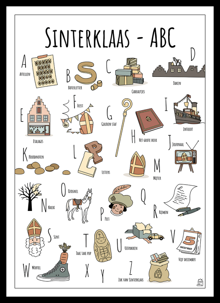 ABC poster Sinterklaas - Een unieke poster met herkenbare en handgetekende illustraties van Sinterklaas