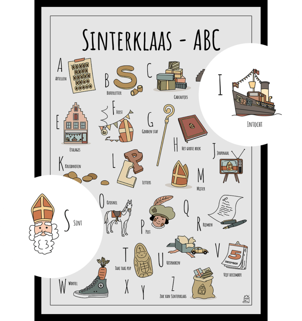 ABC poster Sinterklaas met twee uitgelichte herkenbare objecten van Sinterklaas Intocht en Sint