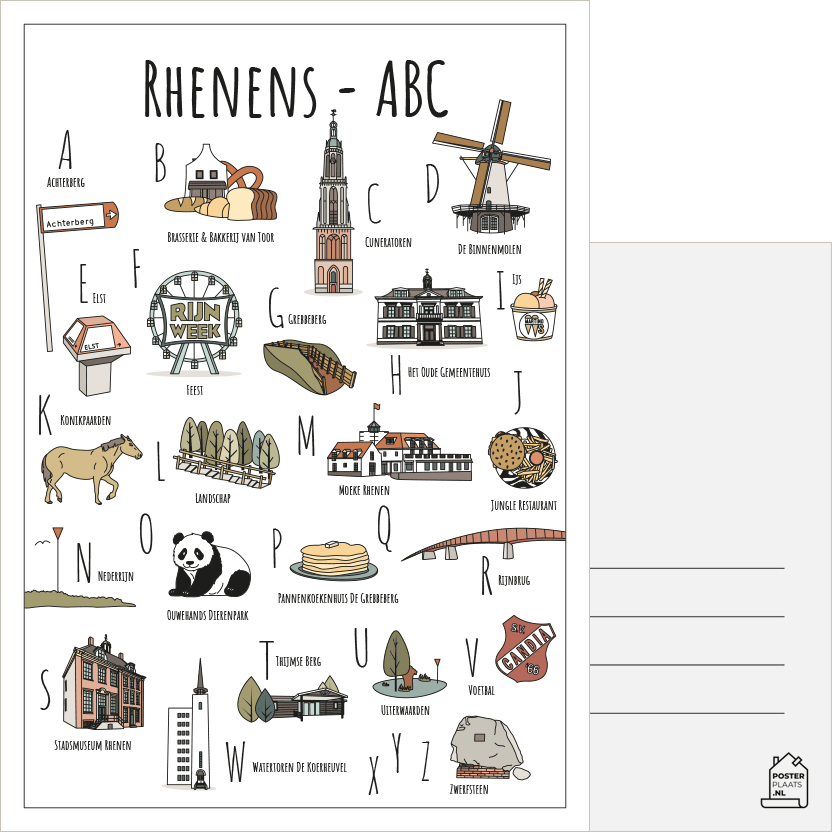 ABC ansichtkaart Rhenen - Een unieke ansichtkaart met herkenbare en handgetekende illustraties van Rhenen