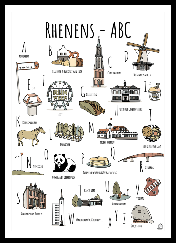 ABC poster Rhenen - Een unieke poster met herkenbare en handgetekende illustraties van Rhenen