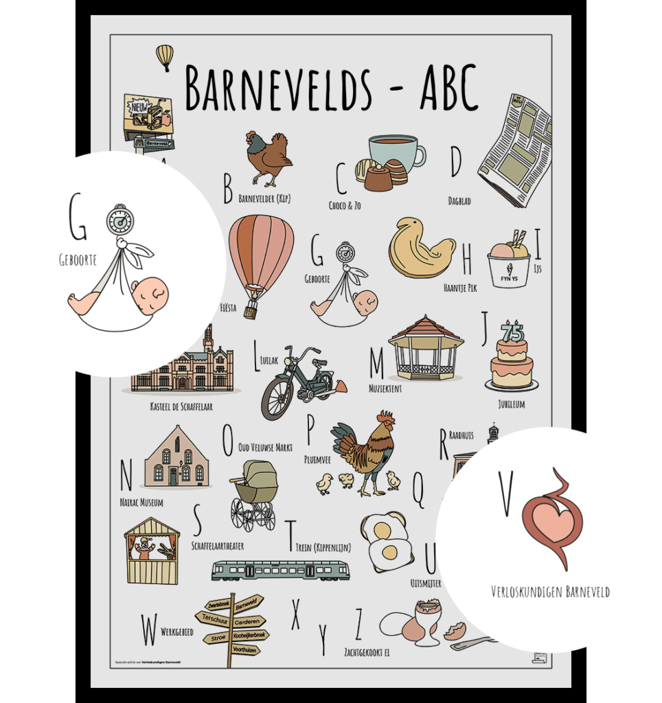 PosterPlaats Barnevelds ABC poster maatwerk special edition voor Verloskundigen Barneveld met uitgelicht logo