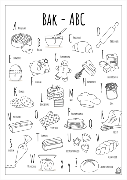 ABC kleurplaat Bakken - Een unieke kleurplaat met herkenbare en handgetekende illustraties van het Bakken