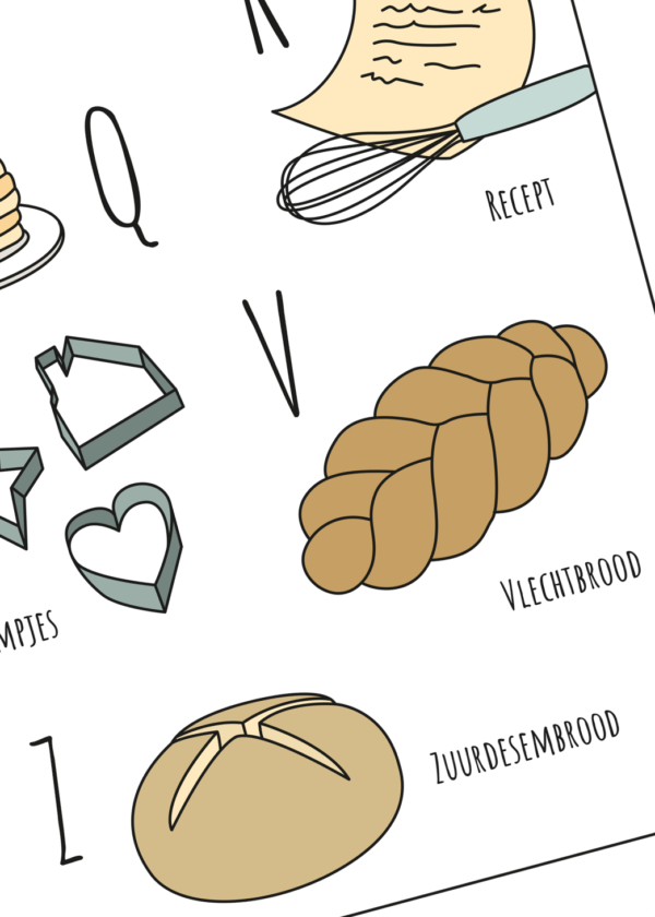 ABC poster Bakken - Een unieke poster met herkenbare en handgetekende illustraties van het Bakken product afbeelding details van Recept Vlechtbrood en Zuurdesembrood