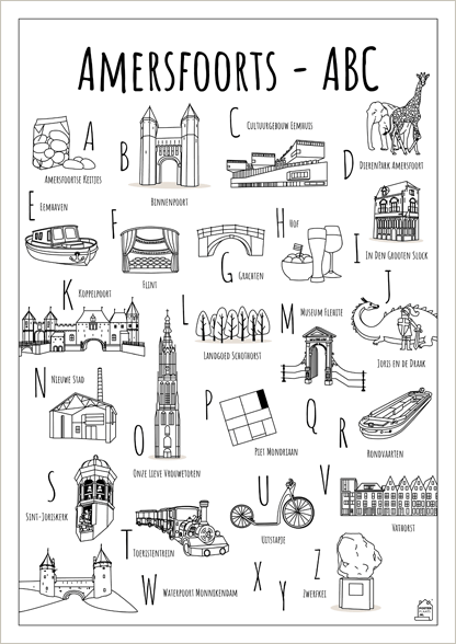 ABC kleurplaat Amersfoort - Een unieke poster met herkenbare en handgetekende illustraties van Amersfoort