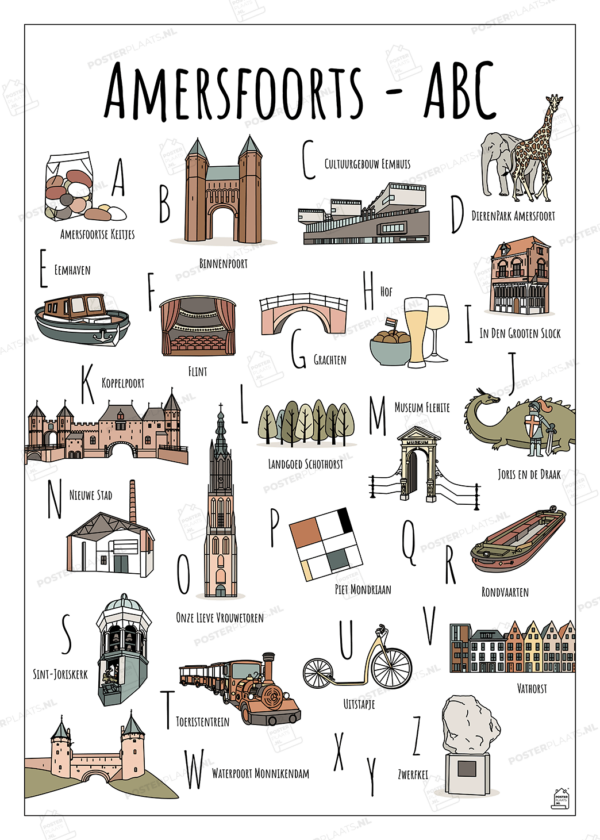 ABC poster Amersfoort - Een unieke post met herkenbare en handgetekende illustraties van Amersfoort met watermerk