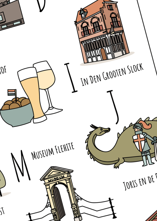 ABC poster Amersfoort - Een unieke poster met herkenbare en handgetekende illustraties van Amersfoort product afbeelding details van Hof In Den Grooten Slock Museum Flehite en Joris en de Draak