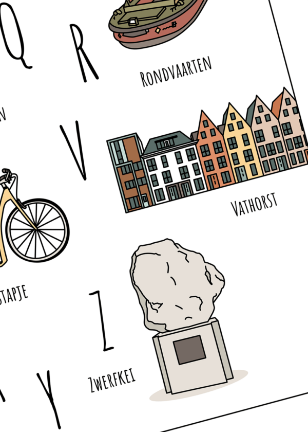 ABC poster Amersfoort - Een unieke poster met herkenbare en handgetekende illustraties van Amersfoort product afbeelding details van Rondvaarten Vathorst en de Zwerfkei