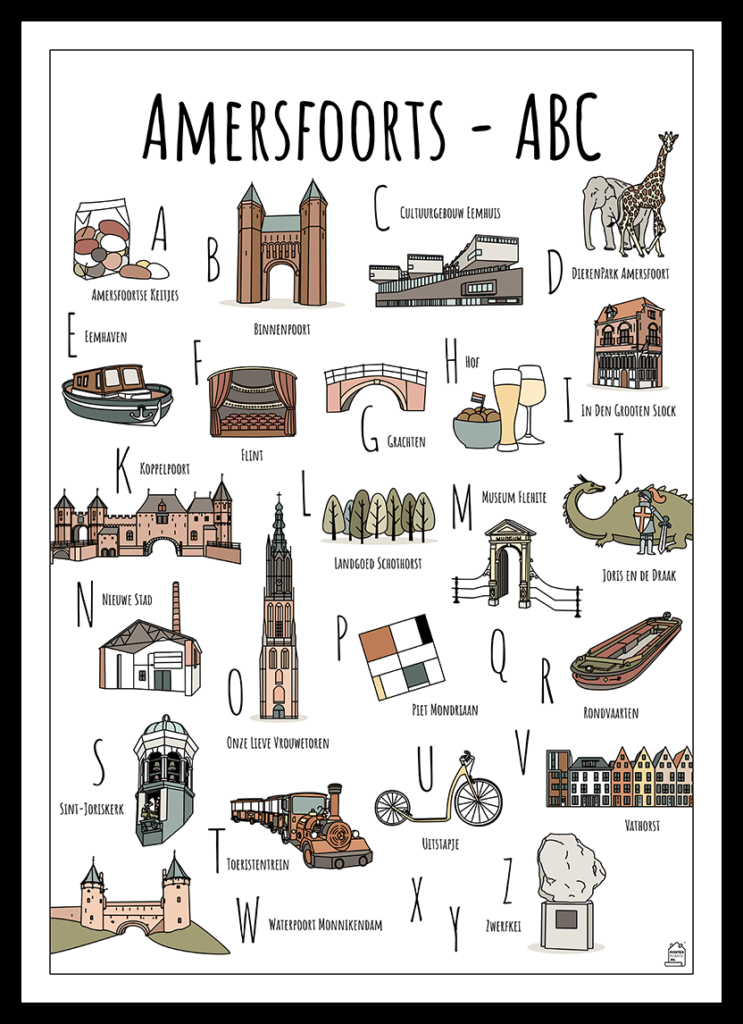 ABC poster Amersfoort - Een unieke poster met herkenbare en handgetekende illustraties van Amersfoort