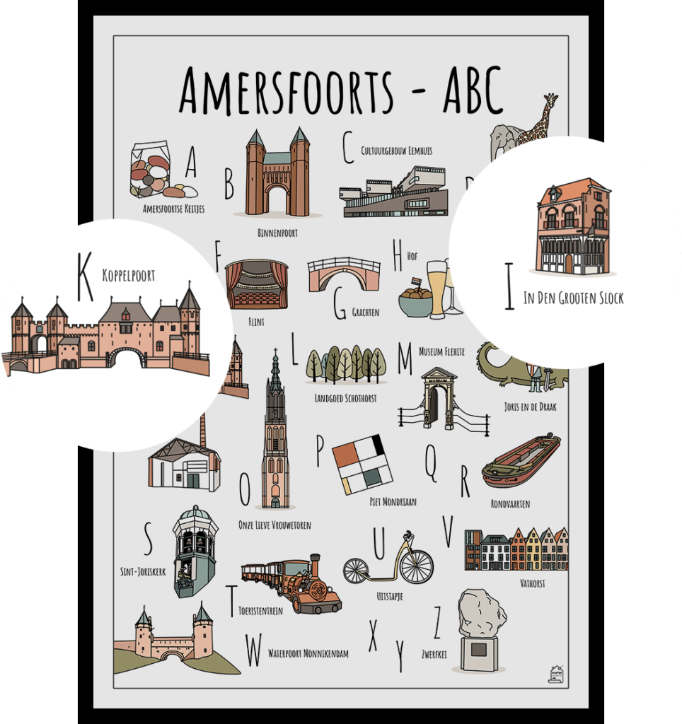 ABC poster Amersfoort met twee uitgelichte herkenbare objecten van Amersfoort zoals de Koppelpoort en In Den Grooten Slock