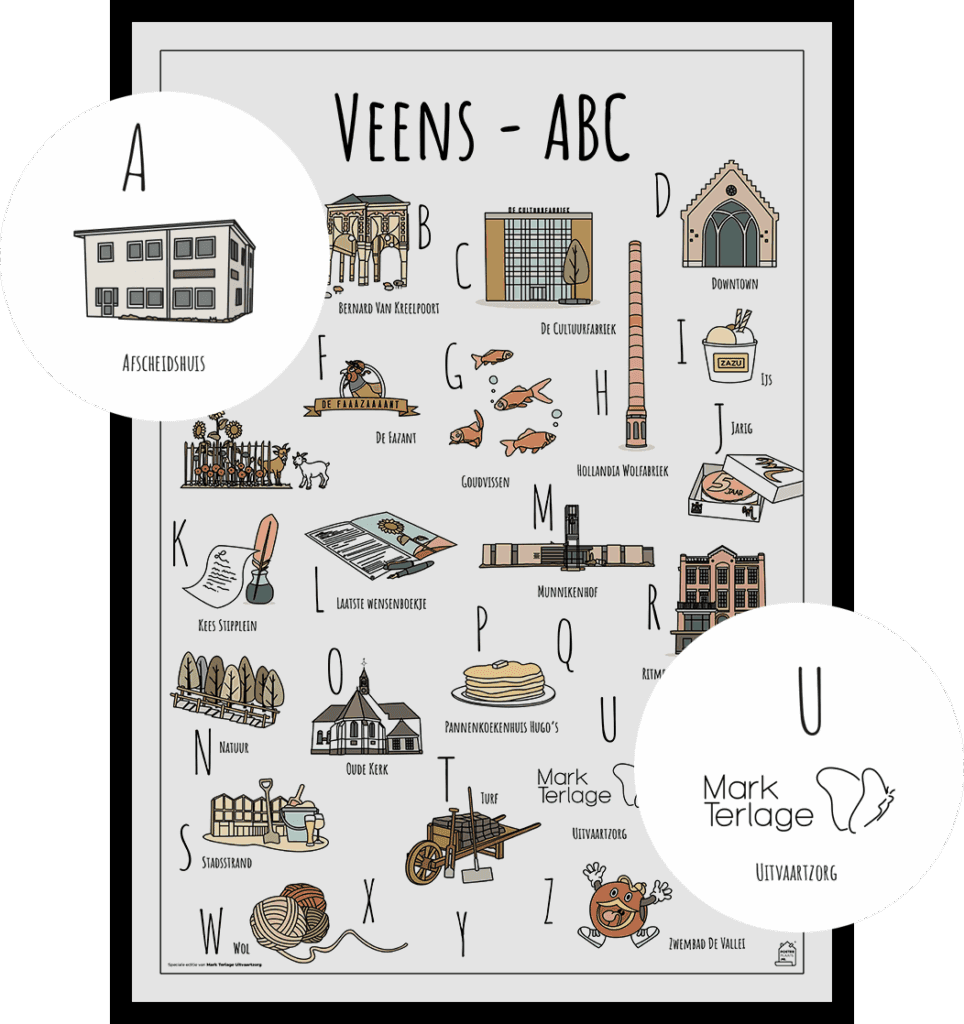 PosterPlaats Veens ABC poster maatwerk special edition voor Mark Terlage Uitvaartzorg met uitgelicht logo en het Afscheidshuis