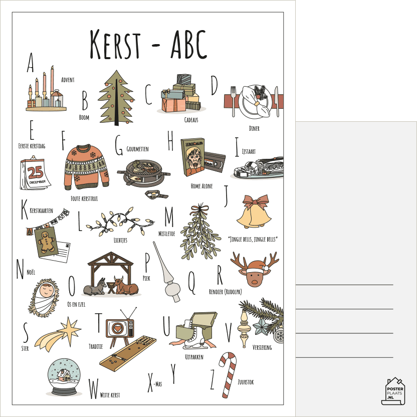 ABC ansichtkaart Kerst - Een unieke ansichtkaart met herkenbare en handgetekende illustraties van Kerst