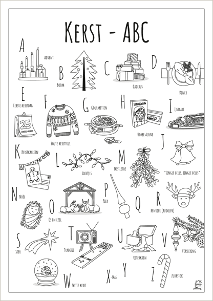 ABC kleurplaat Kerst- Een unieke poster met herkenbare en handgetekende illustraties van Kerst