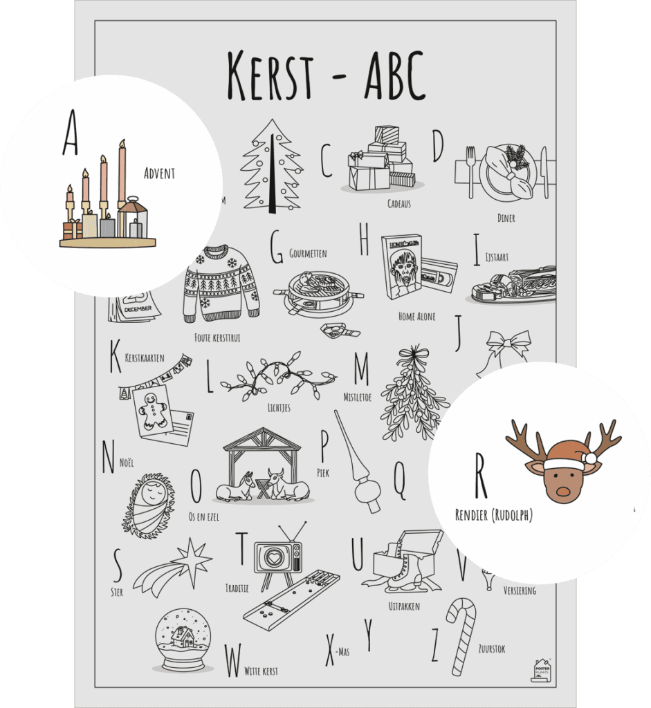 ABC kleurplaat Kerst met twee uitgelichte herkenbare objecten van Kerst Advent en Rendier Rudolph