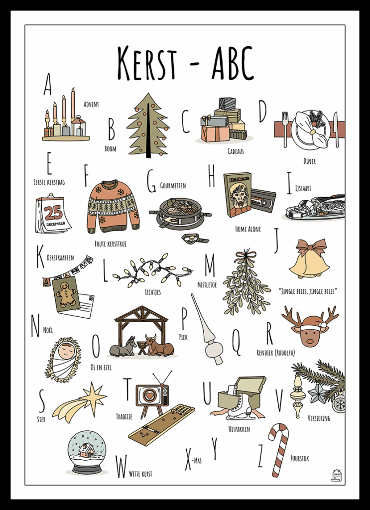 ABC poster Kerst - Een unieke poster met herkenbare en handgetekende illustraties van Kerst