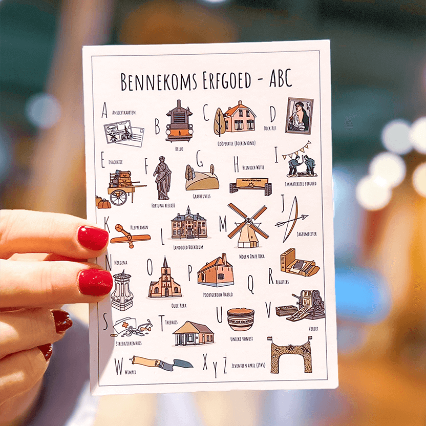Erfgoed ABC ansichtkaart Bennekom bij Cultura - Een unieke ansichtkaart met herkenbare en handgetekende illustraties van Bennekoms Erfgoed hover