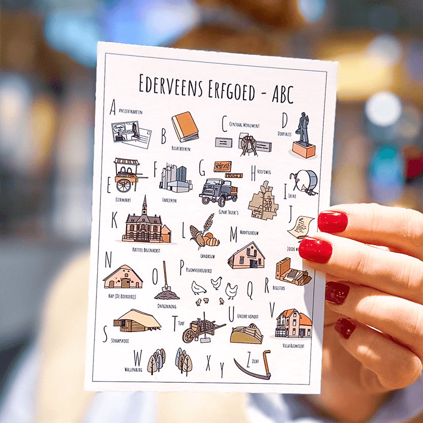 Erfgoed ABC ansichtkaart Ederveen bij Cultura - Een unieke ansichtkaart met herkenbare en handgetekende illustraties van Ederveens Erfgoed hover