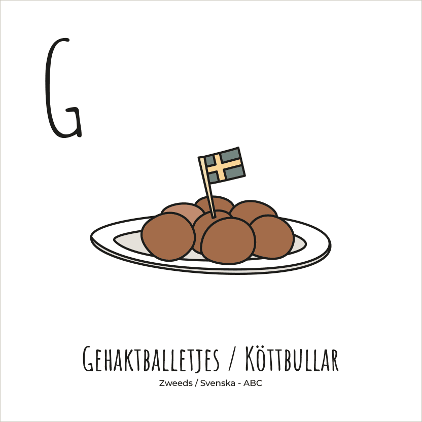 PosterPlaats ABC tegeltje Zweden met met gehaktballetjes kottbullar als leuk lokaal cadeau of relatiegeschenk