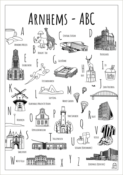 ABC kleurplaat Arnhem - Een unieke poster met herkenbare en handgetekende illustraties van Arnhem