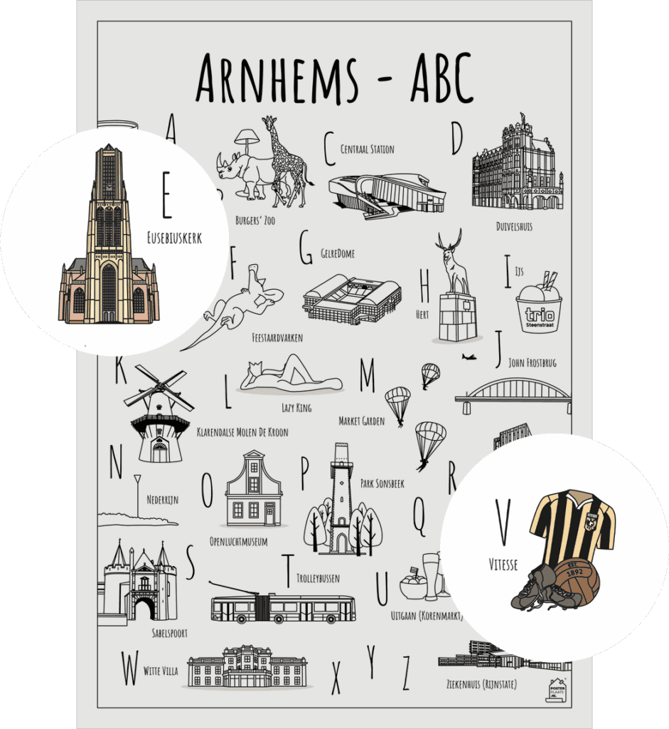 ABC kleurplaat Arnhem met twee uitgelichte herkenbare objecten van Arnhem zoals de Eusebiiuskerk en Vitesse