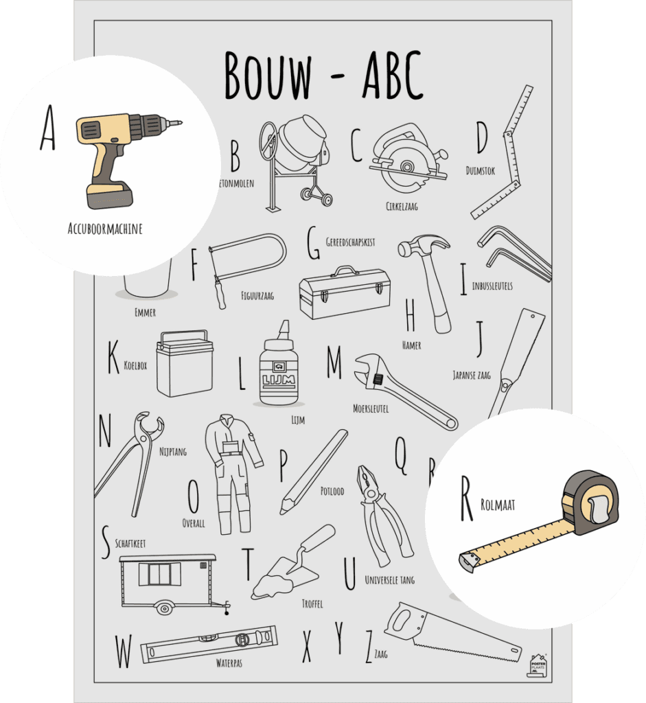 ABC kleurplaat Bouwen met twee uitgelichte herkenbare objecten van de Bouw zoals Accuboormachine en Rolmaat