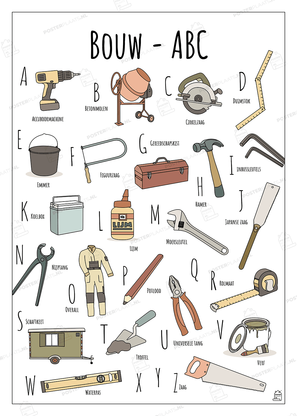 ABC poster Bouwen - Een unieke poster met herkenbare en handgetekende illustraties van de Bouw met watermerk