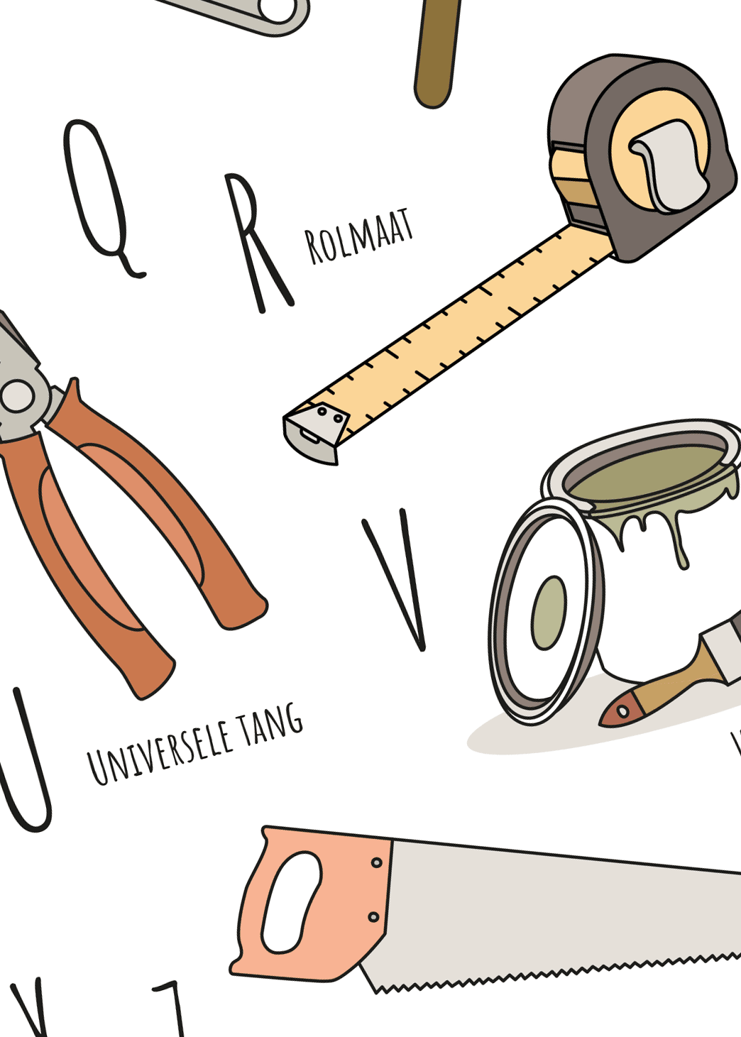 ABC poster Bouwen - Een unieke poster met herkenbare en handgetekende illustraties van de Bouw product afbeelding details van Rolmaat, Universele tang, Verf, en Zaag