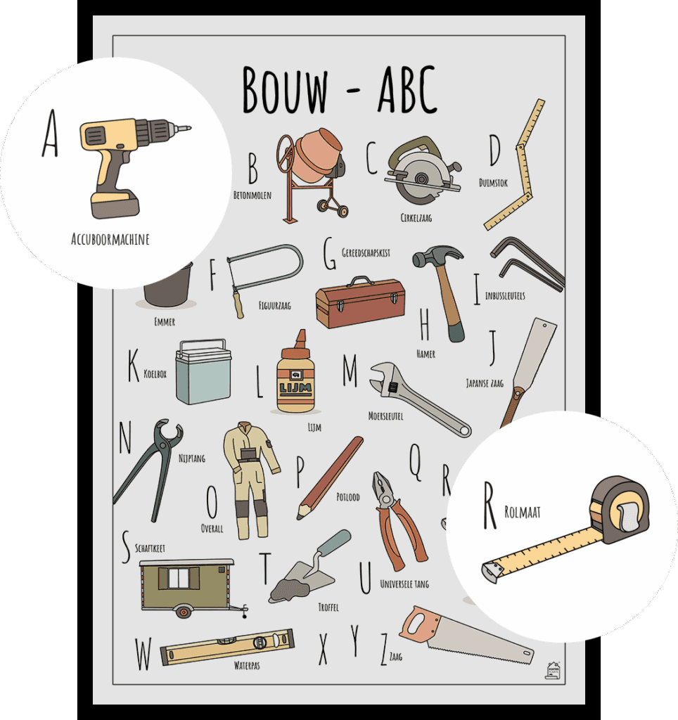 ABC poster Bouwen met twee uitgelichte herkenbare objecten van de Bouw zoals Accuboormachine en Rolmaat